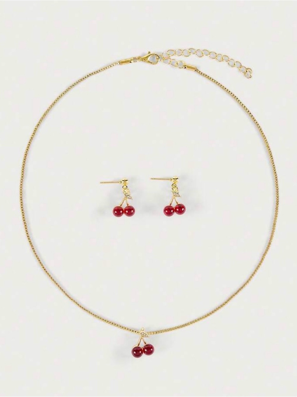 Gold Cherry Pendant Necklace & Earring Set - Red